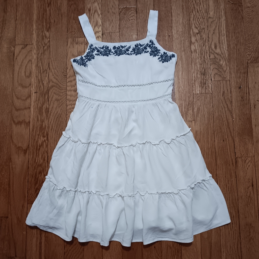 White and Blue Embroidered Kids Dress